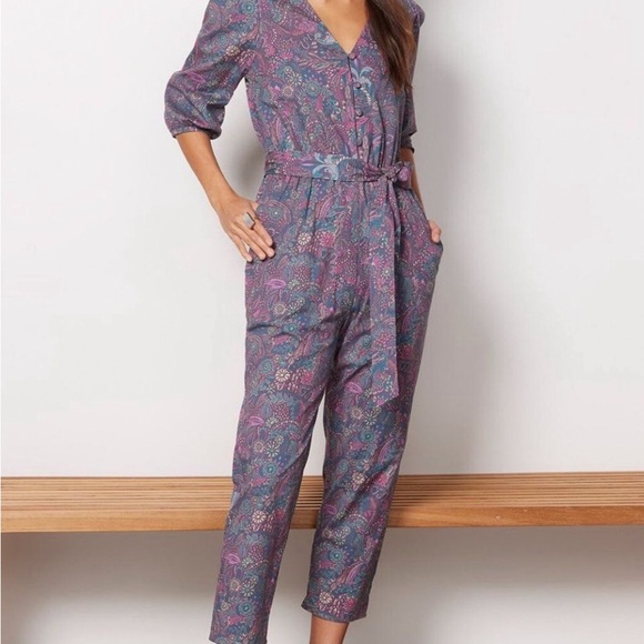 Evereve Ember Floral Paisley Puff Sleeve Button Front Jumpsuit - Picture 2 of 7